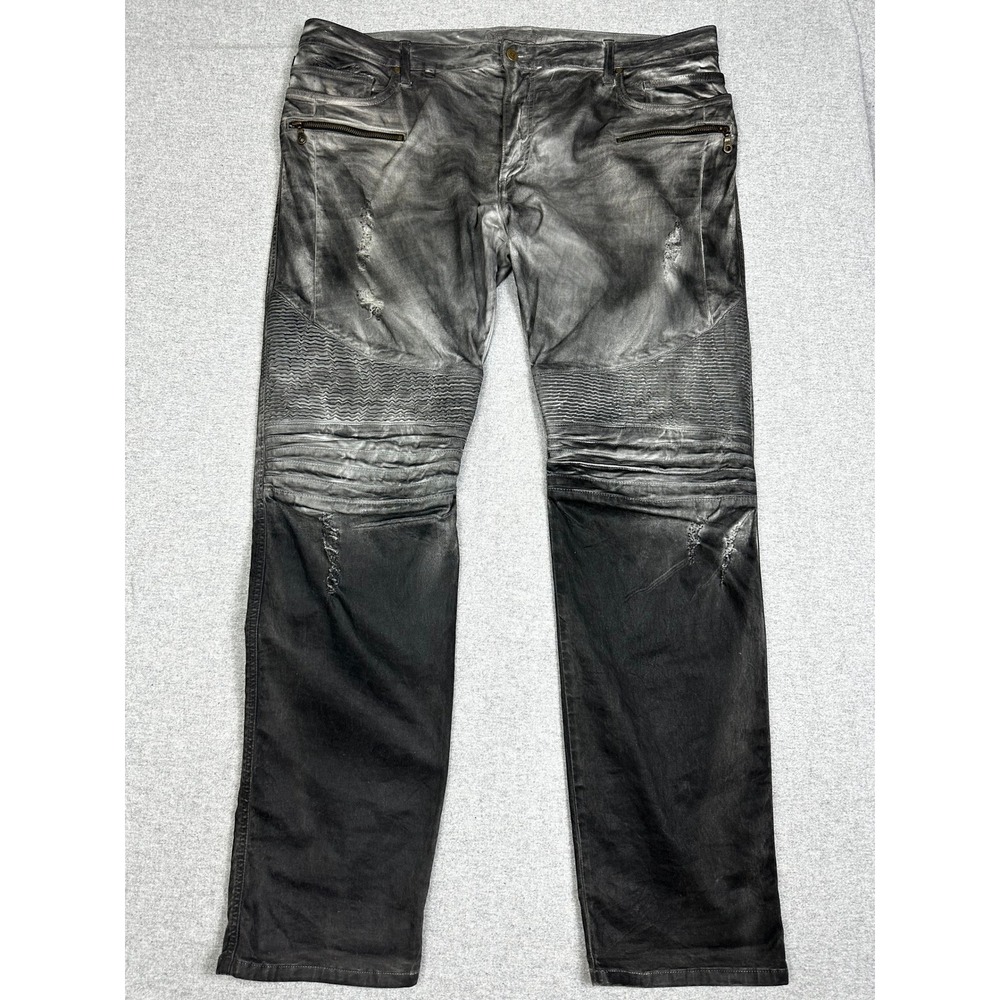 Robins Jean Biker Motard Mens 42x34 Grey Black Distressed Biker Moto Waxed